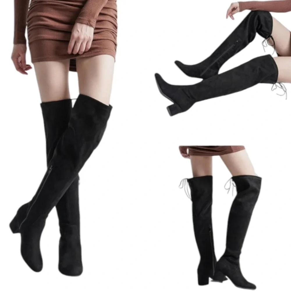 Faux Suede Over The Knee Block Heeled Stretch Boots Camel Full Lace-Up Back‎ 8